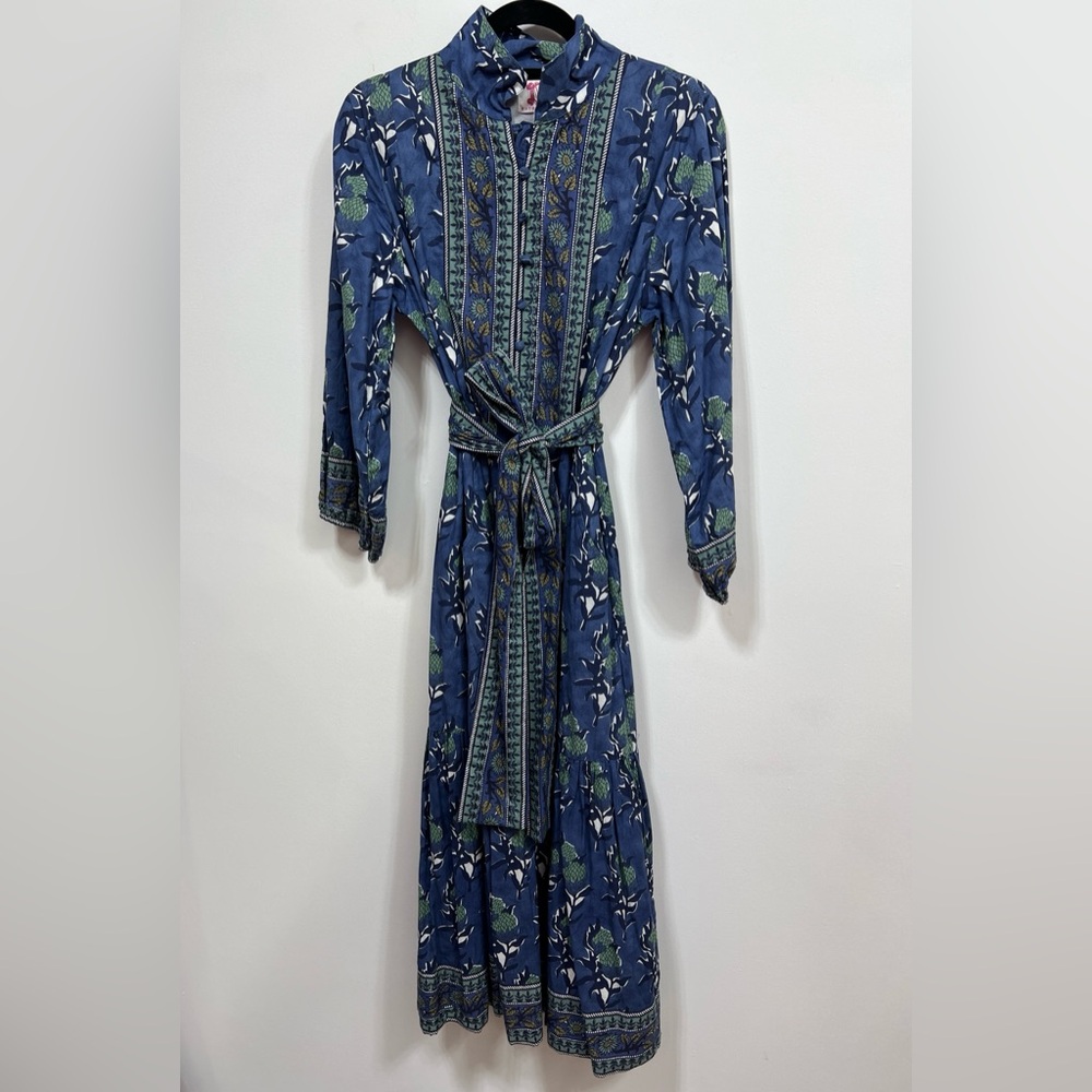 Victoria Dunn Blue Floral Maxi Dress with Green Accents